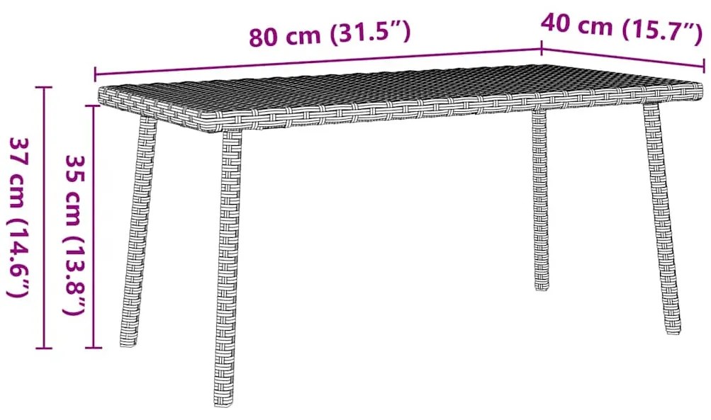 Mesa de centro de jardim retangular 80x40x37 cm vime PE