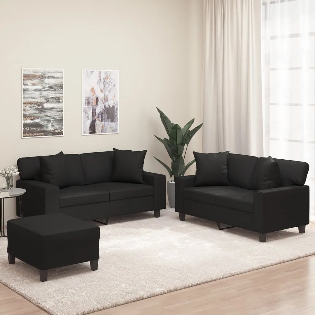 vidaXL 3 pcs conj. de sofás c/ almofadas/almofadões couro artif. preto