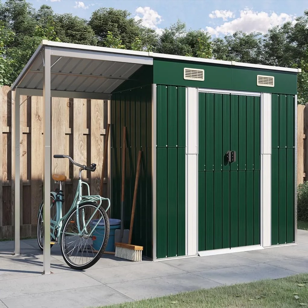 vidaXL Abrigo de jardim com alpendre 277x107x181 cm aço verde