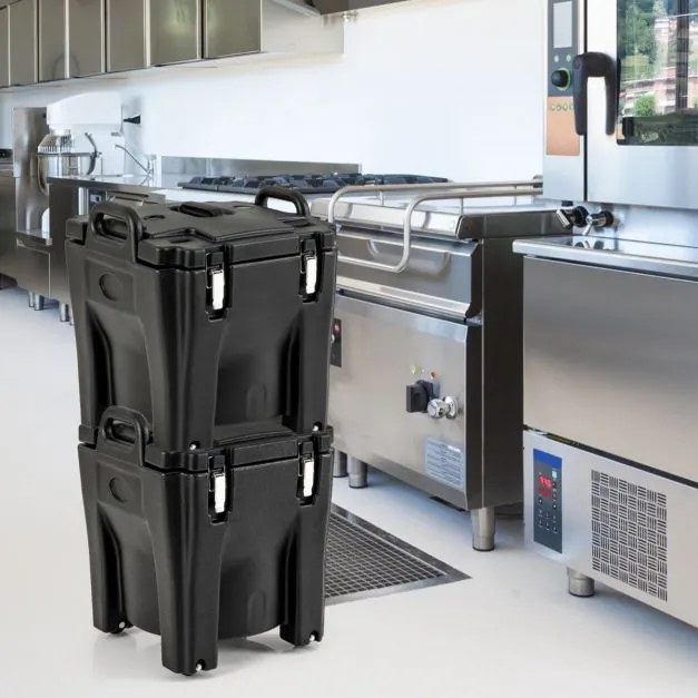 Aquecedor de comida portátil empilhável de 30 L com barril de aço inoxidável 2 pegas 4 rodas Aquecedor de sopa para campismo Preto