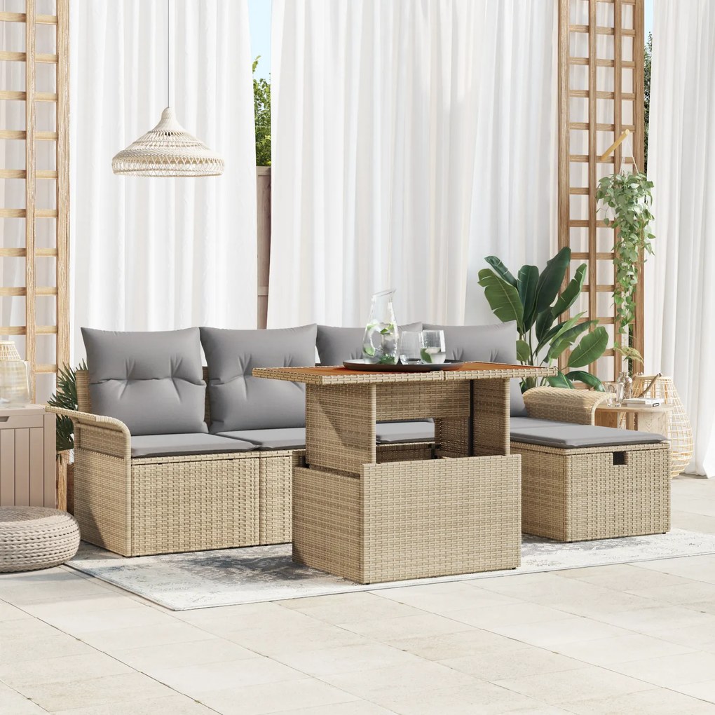 Conjunto de Sofá de Jardim de 6 Peças com Almofadas Beges de Rattan Po