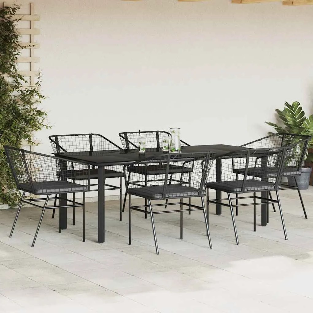 Conjunto de jantar jardim 7 peças almofadas vidro vime PE preto