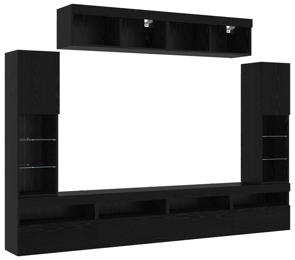 Unidade de TV com 8 Peças e LED Carvalho Preto em Madeira Projetada