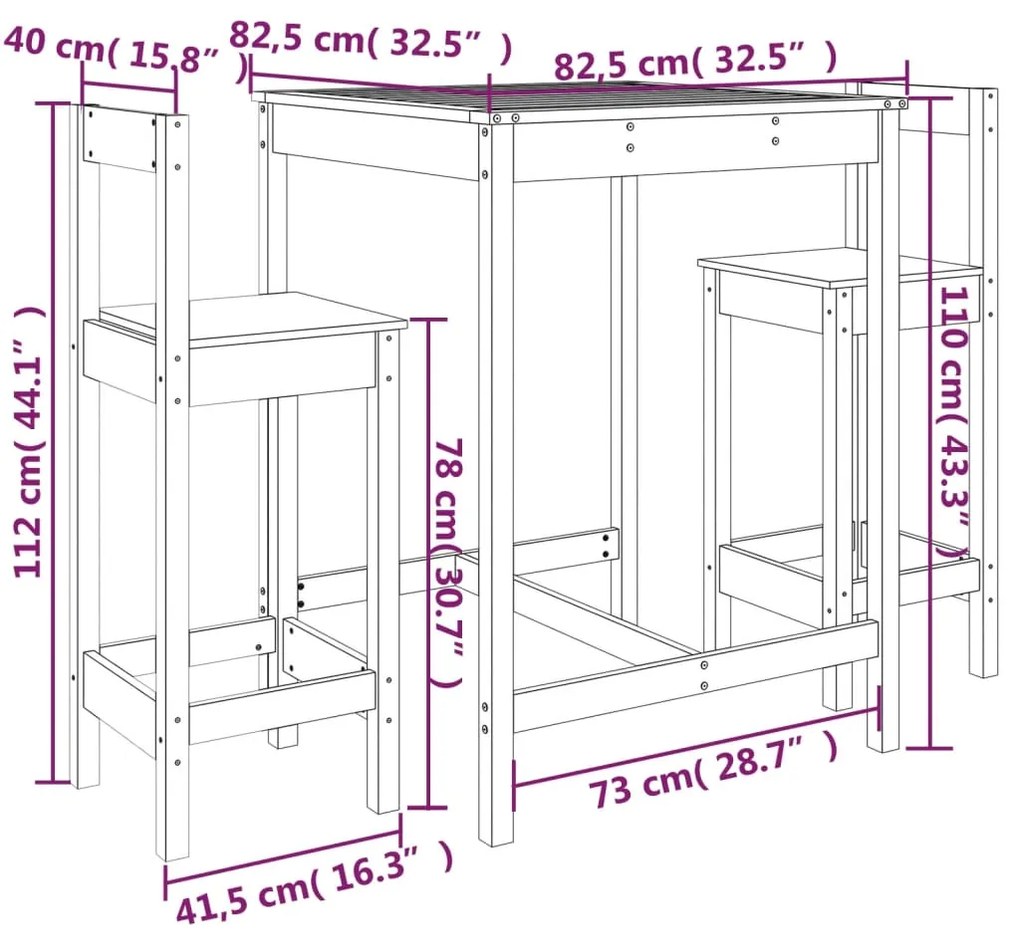 3 pcs conjunto de bar para jardim madeira de pinho maciça