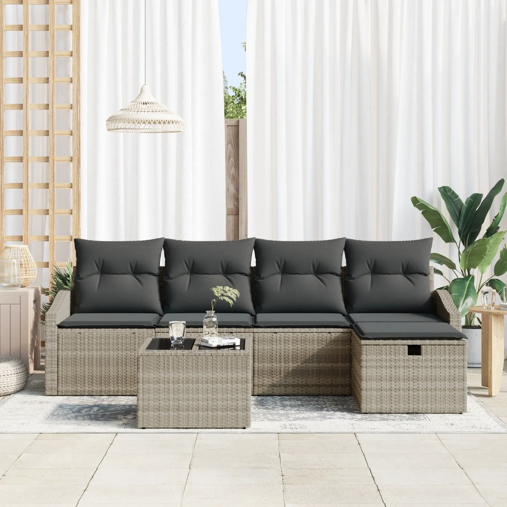 Conjunto de Sofá de Jardim de 6 Peças com Almofadas Cinza Claro de Pol