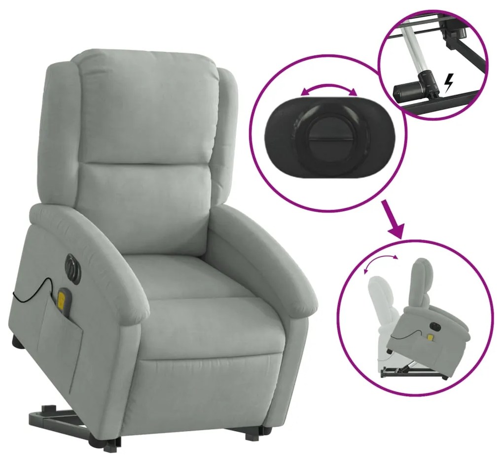 Poltrona de massagens reclinável elétrica veludo cinzento-claro