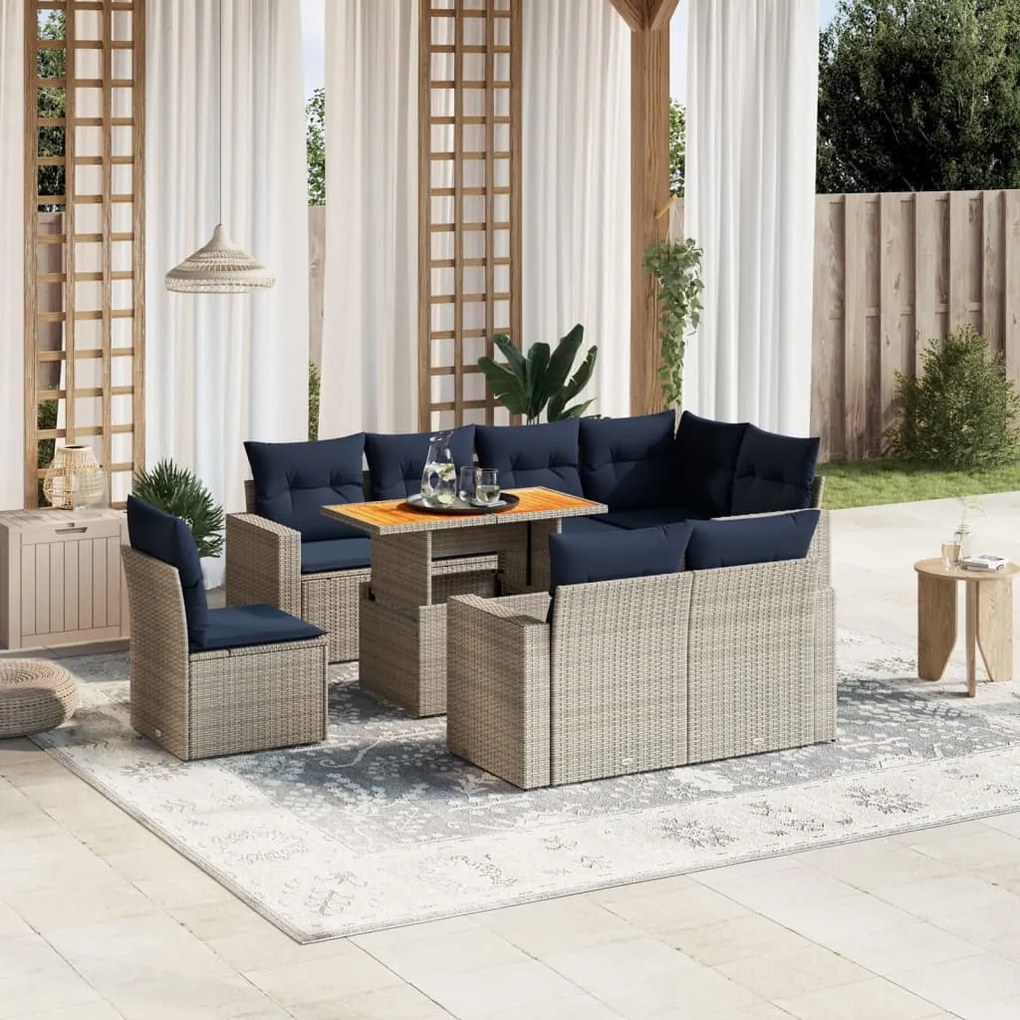 vidaXL 9 pcs conjunto sofás p/ jardim c/ almofadões vime PE cinzento