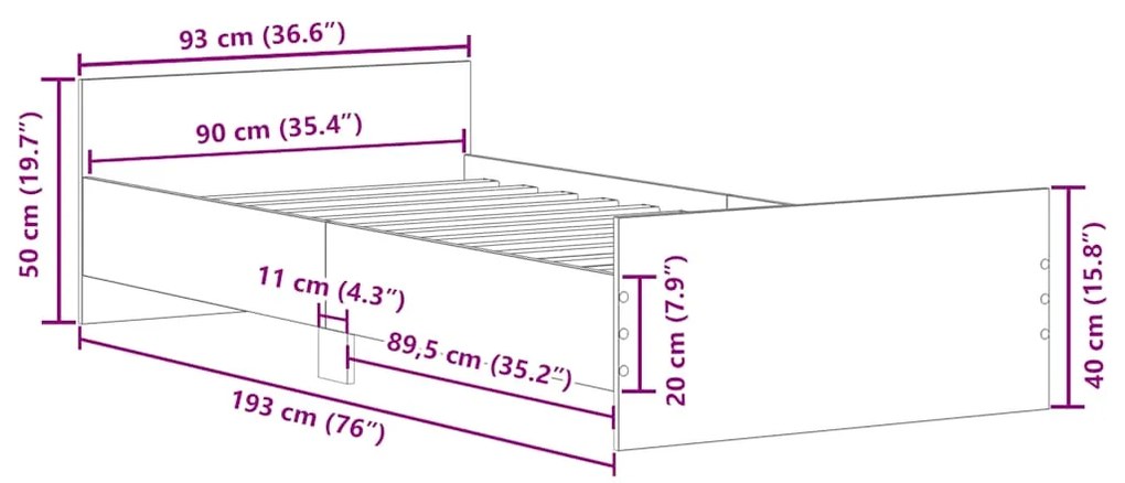 Estrutura de cama 90x190 cm derivados de madeira cinza cimento