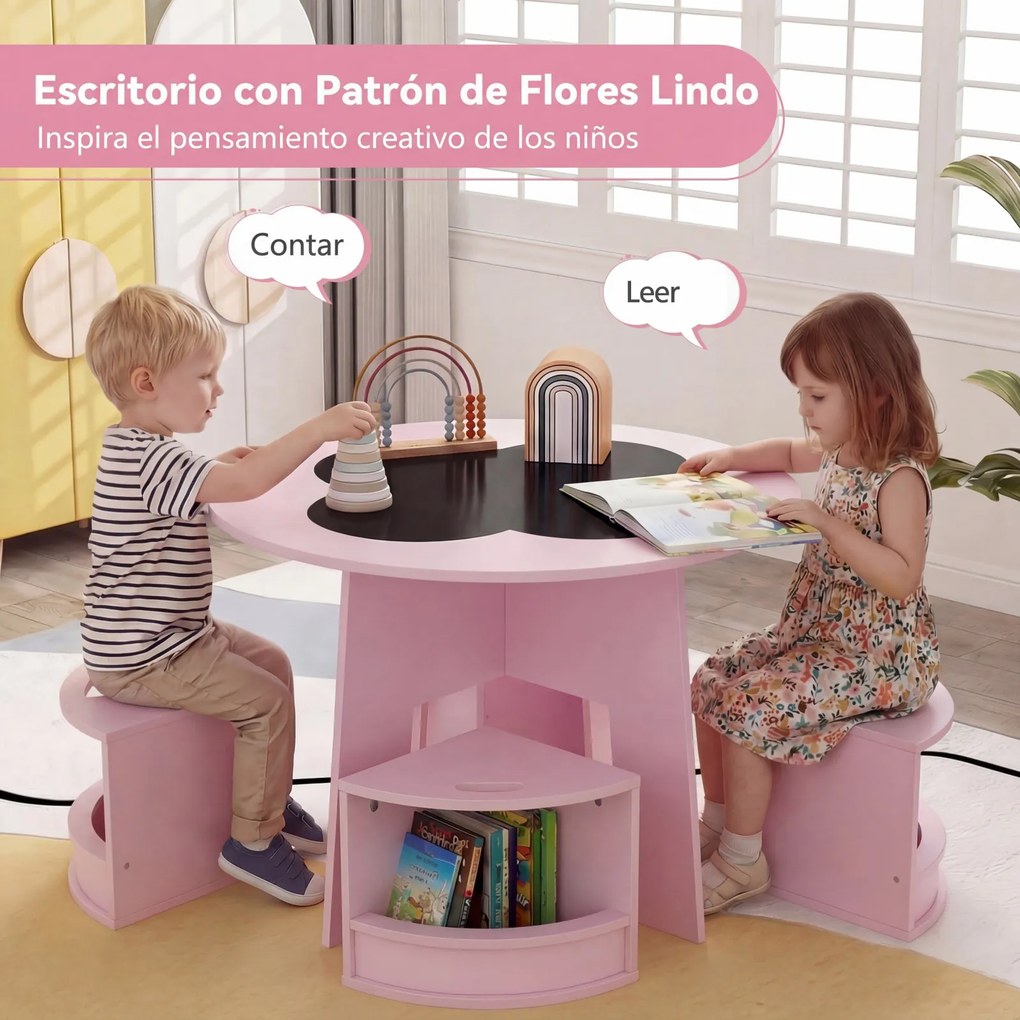 Conjunto de 5 Peças, Mesa Redonda Infantil e 4 Bancos com Arrumação, 70 x 70 x 49 cm, Design Empilhável, cor-de-rosa