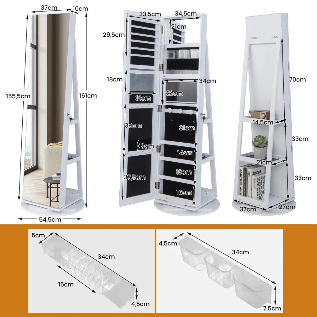 Espelho Guarda Joias rotativos 360° com luzes LED Espelho de corpo inteiro Com Estante 54,5 x 161 cm Branco