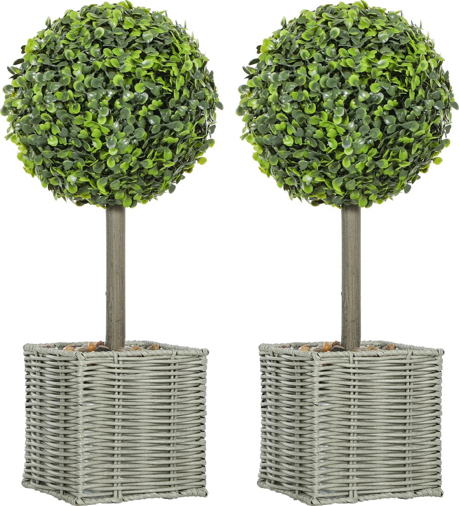 Conjunto de 2 plantas artificiais decorativas, bolas de buxo artificial de 50 cm com vaso de plástico trançado e seixos, verde