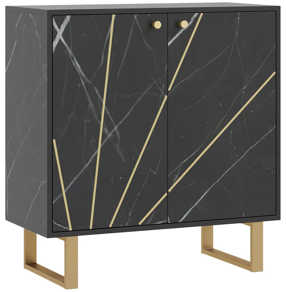 HOMCOM Buffet de Armazenamento com 2 Portas e Prateleira Ajustável Pés em Metal 76x35x77 cm Tom Mármore Preto | Aosom Portugal