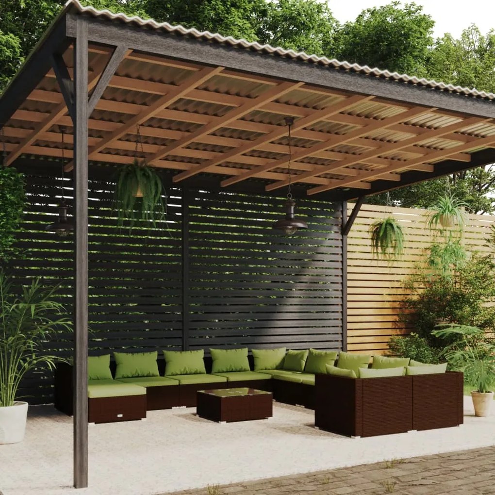 vidaXL 12 pcs conjunto lounge de jardim c/ almofadões vime PE castanho
