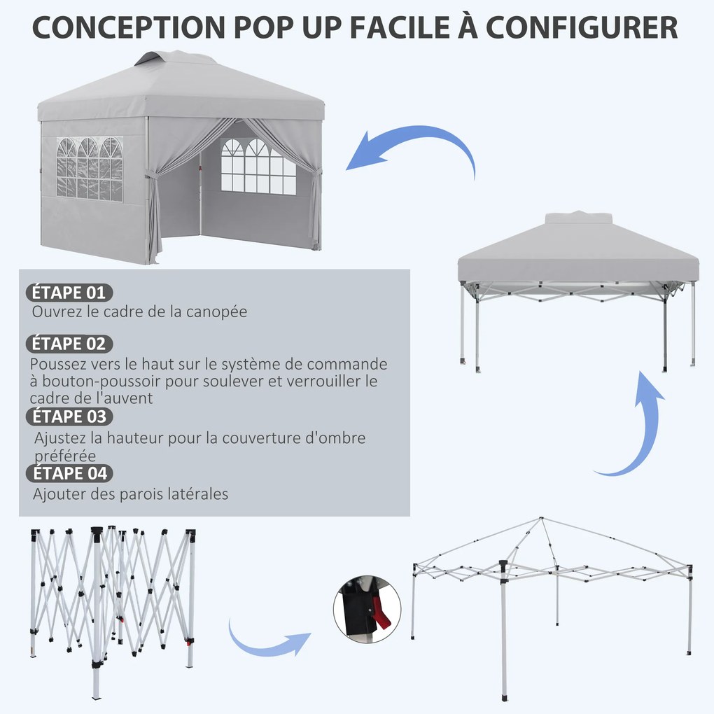 Tenda pop-up dobrável 3 x 3, altura ajustável, paredes laterais, aberturas de ventilação, janelas, saco de transporte com Rodas cinzento claro