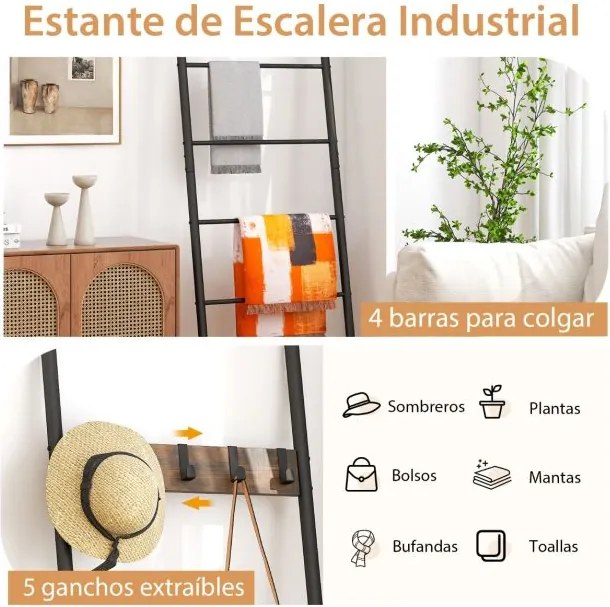 Toalheiro forma Escadas para toalhas de 5 degraus 5 ganchos casa de banho 60 x 3,2 x 180 cm Castanho rústico + preto