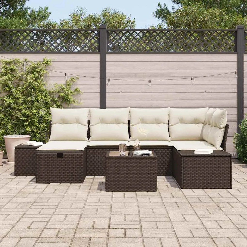 Conjunto de Sofá de Jardim de 7 Peças com Almofadas Marrom Rattan Poly
