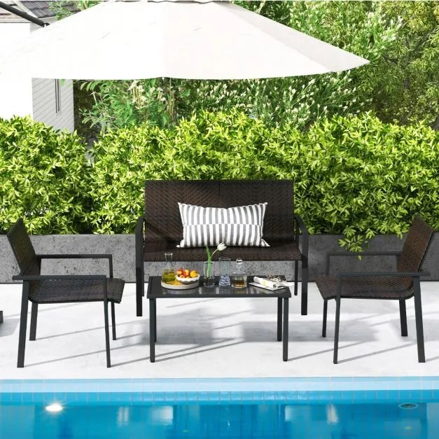 Conjunto de móveis jardim de 4 peças com estrutura metálica galvanizada robusta em vime Castanho