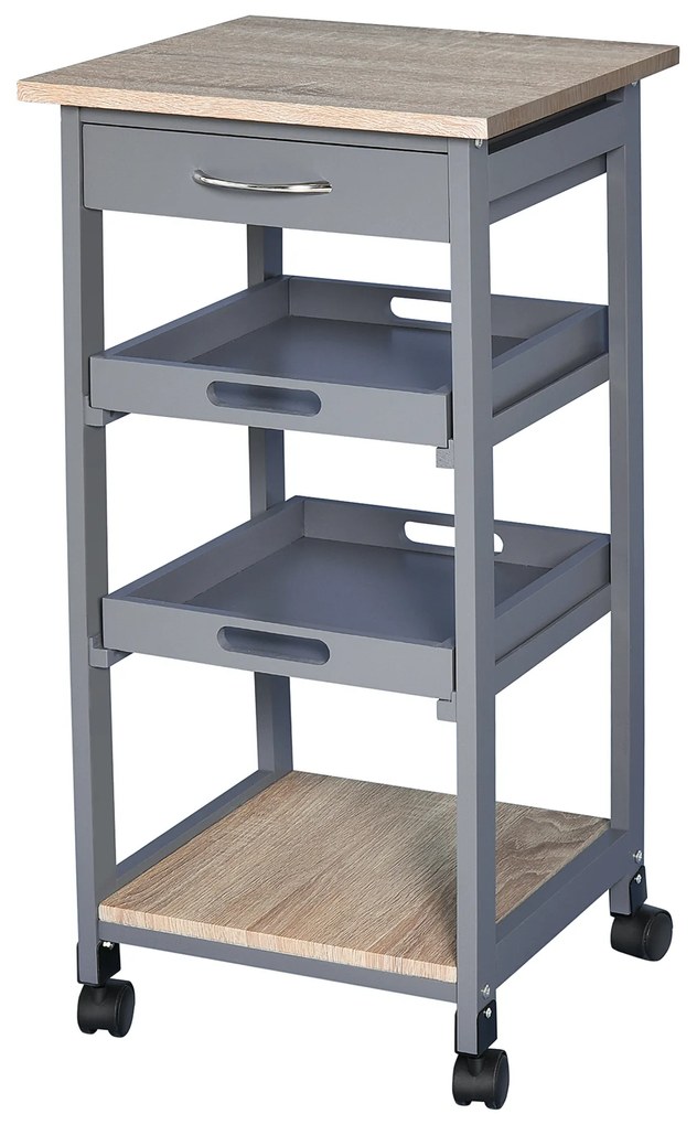 HOMCOM Carrinho de Cozinha com Gaveta 2 Bandejas Removíveis e Prateleira Fixa em Madeira de Pinho e MDF 37x37x76 cm | Aosom Portugal