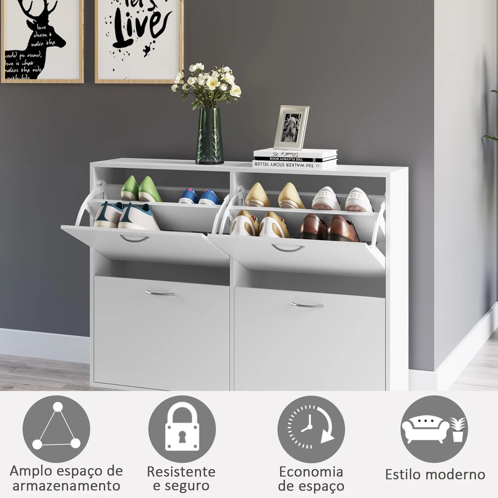 HOMCOM Móvel Sapateira Branca Sapateira Moderna com 4 Gavetas Abatíveis e Prateleiras Ajustáveis para 16-24 Pares de Sapatos para Corredor Entrada 120x24x81 cm Branco