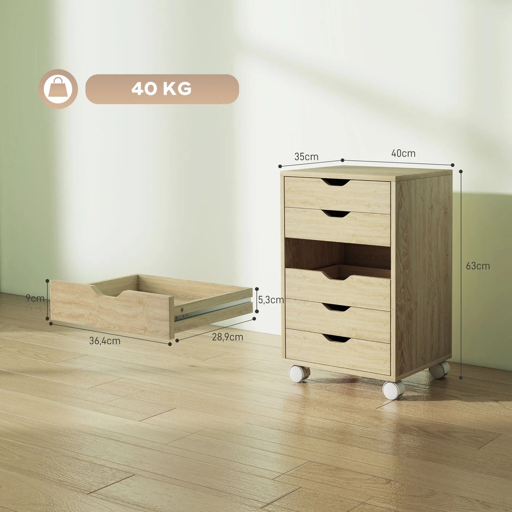 Bloco de Gavetas Móvel Arquivador com 6 Gavetas Suporte para Impressora com Rodas 40x35x63 cm Madeira