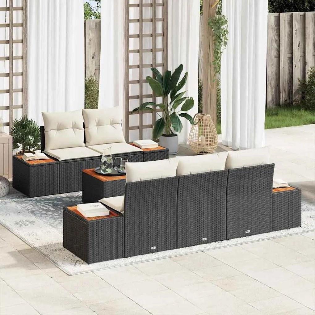 vidaXL Conjunto de Sofá para Jardim com 6 Peças e Almofadas Pretas de Rattan e Poliéster