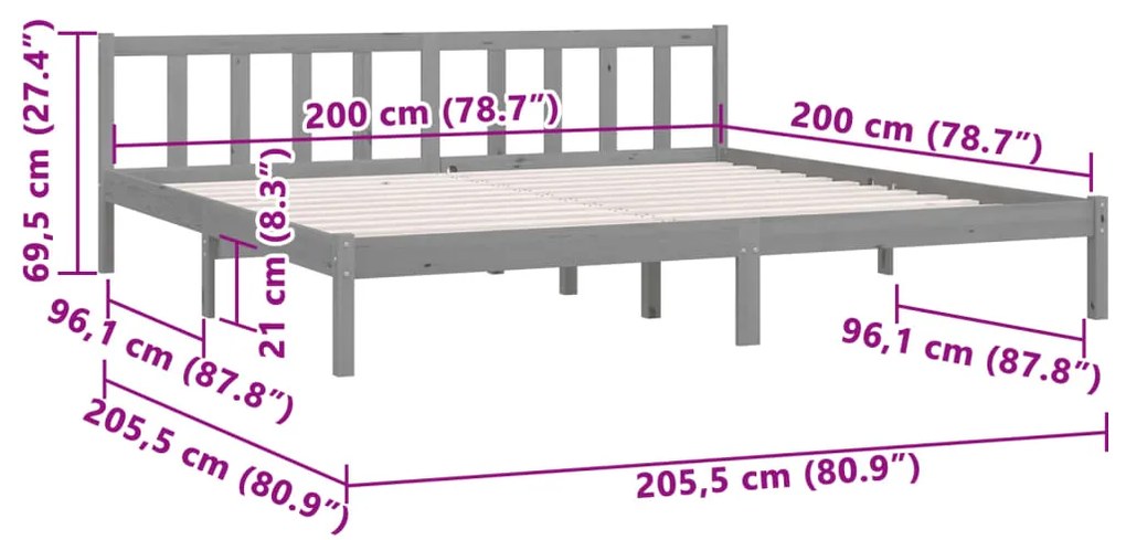 Estrutura de cama 200x200 cm pinho maciço cinzento