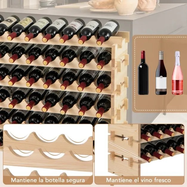 Garrafeira para 60 garrafas de vinho empilháveis Estante para vinhos de 6 níveis 101 x 29 x 73 cm Natural