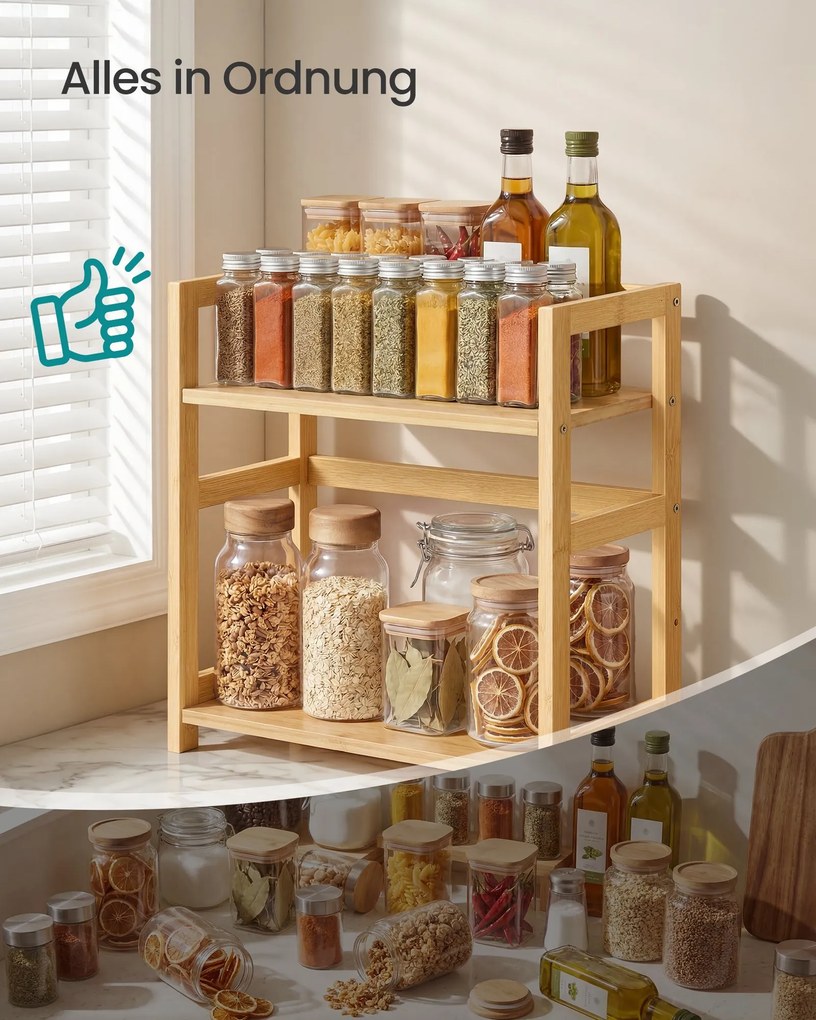 Estante para especiarias 18,6 x 41 x 41 cm com 2 prateleiras em bambu bege natural