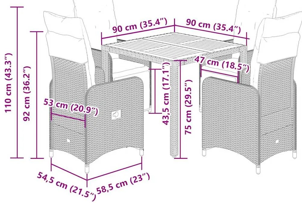 5 pcs conjunto bistrô de jardim c/ almofadões vime PE preto