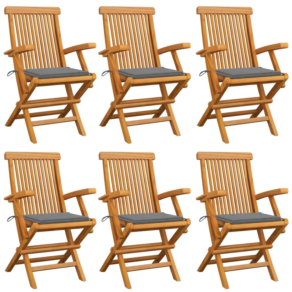 vidaXL Cadeiras de jardim c/ almofadões cinzentos 6 pcs teca maciça