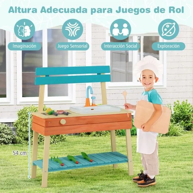 Cozinha de brincar para crianças com grelha, botão giratório, torneira e acessórios de jardinagem para 3 a 8 anos, azul