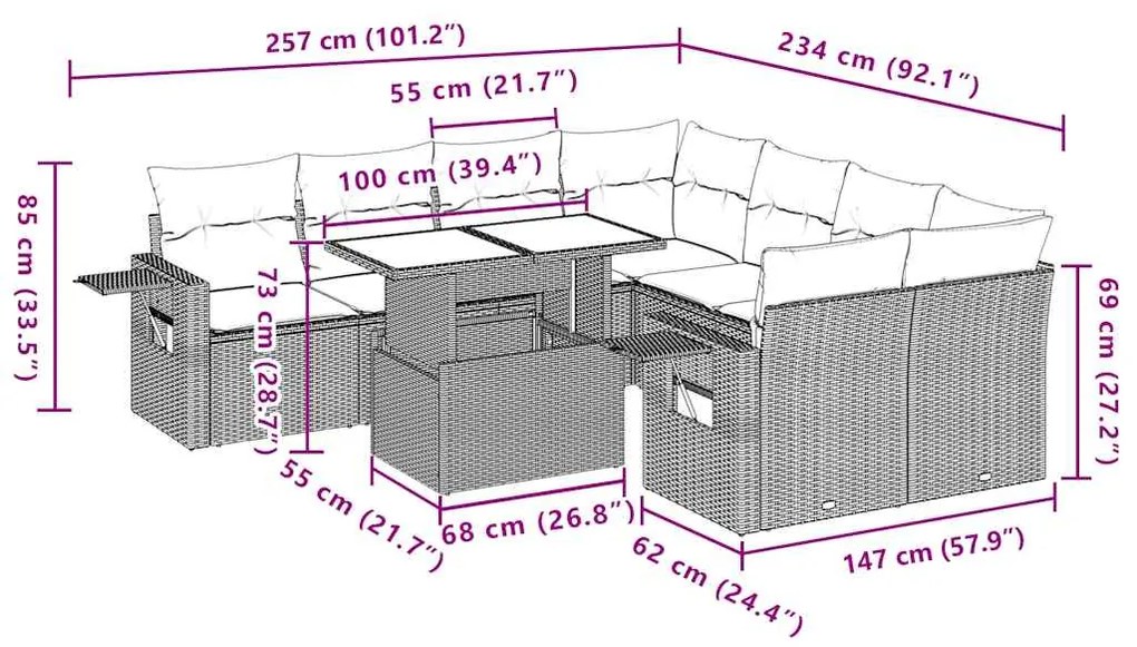 9 pcs conjunto de sofás p/ jardim c/ almofadões vime PE preto