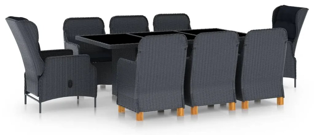 9 pcs conj. jantar exterior c/ almofadões vime PE cinza-escuro