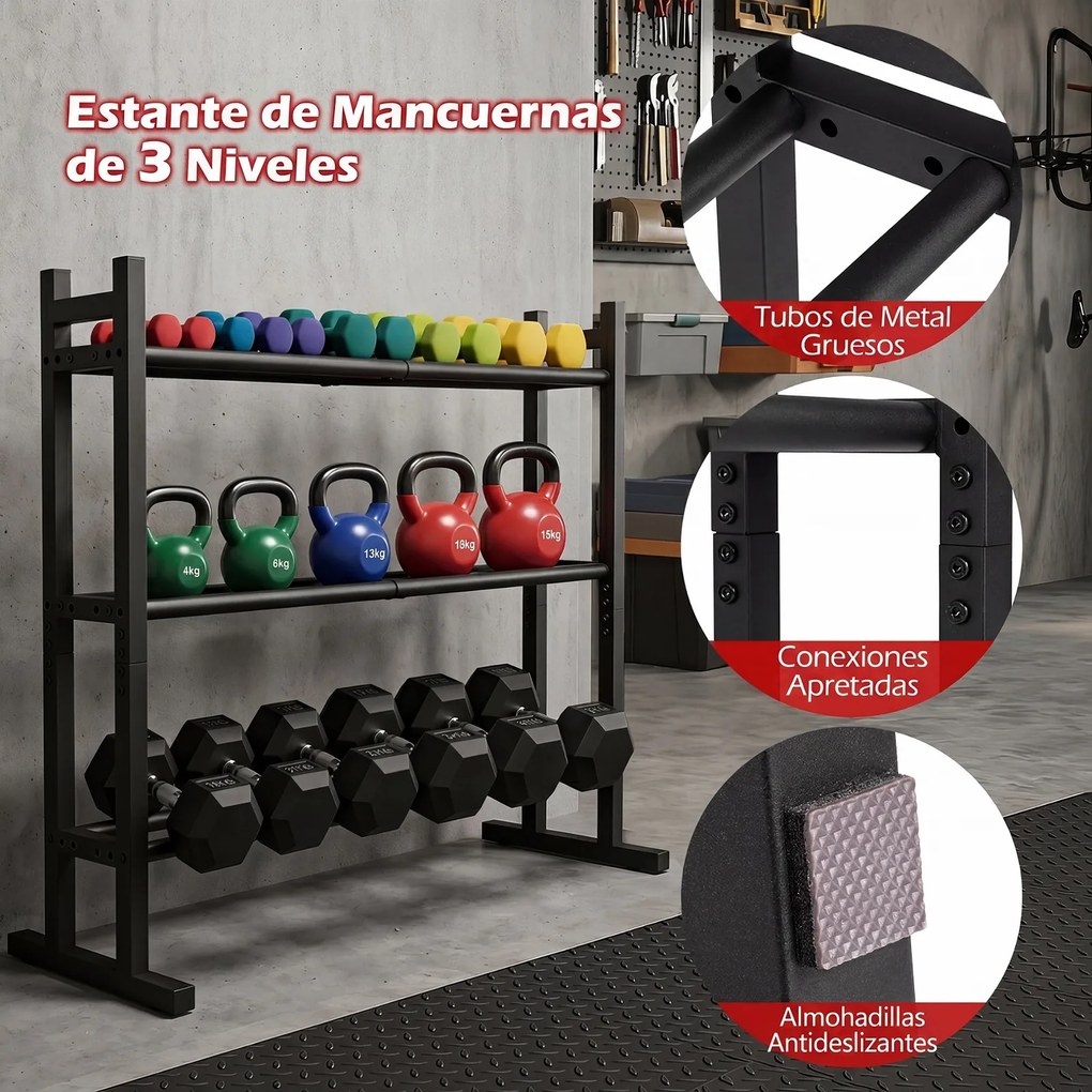 Suporte para Halteres de 3 Níveis, 80 x 30 x 80 cm, Capacidade para 240 kg, Preto
