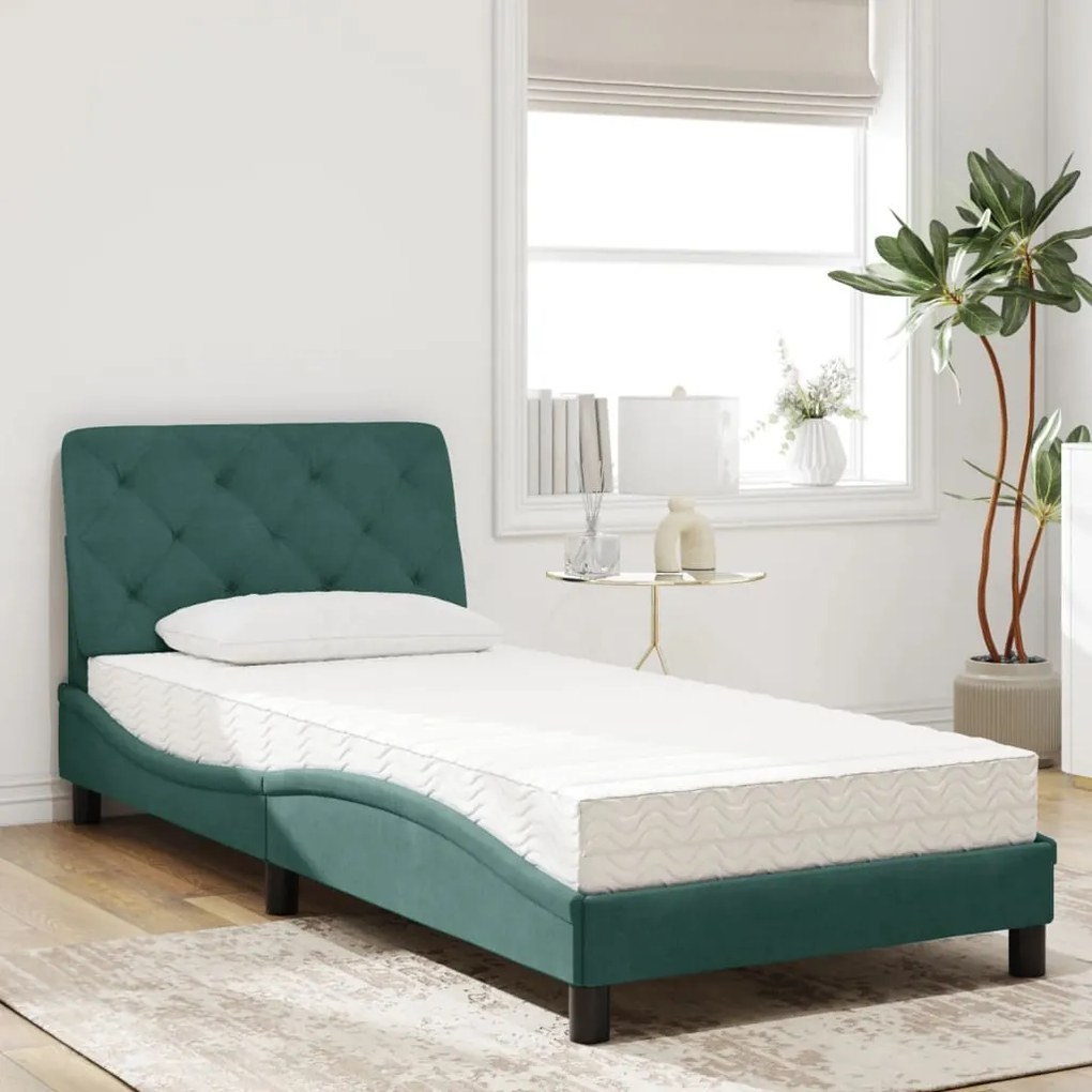 Cama com colchão 90x190 cm veludo verde-escuro