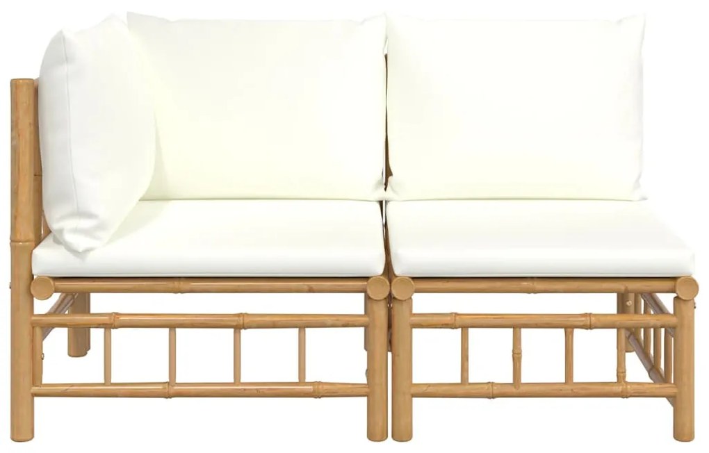 2 pcs conjunto lounge de jardim bambu c/ almofadões branco nata