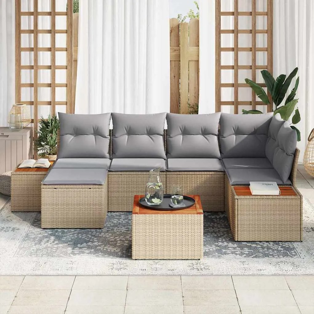 Conjunto de Sofá de Jardim vidaXL de 7 Peças com Almofadas Bege Vime A
