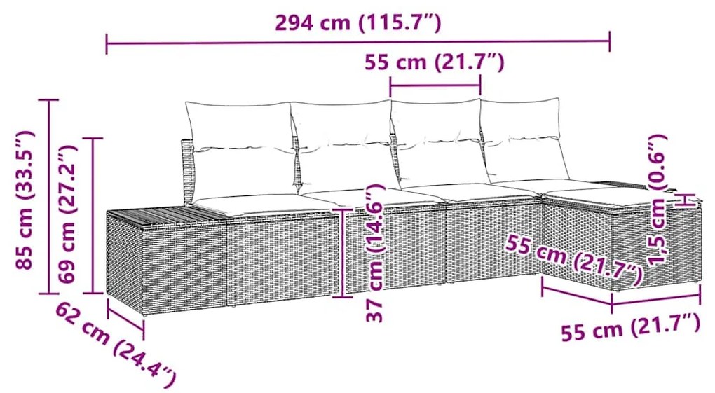 Conjunto de Sofás de Jardim com 5 Peças e Almofadas de Poly Rattan Cin
