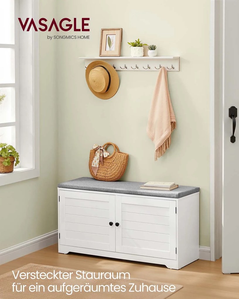 Banco para sapatos com espaço de arrumação 35,5 x 101 x 52,5 cm, portas, almofadas de assento e prateleiras ajustáveis Branco e cinzento