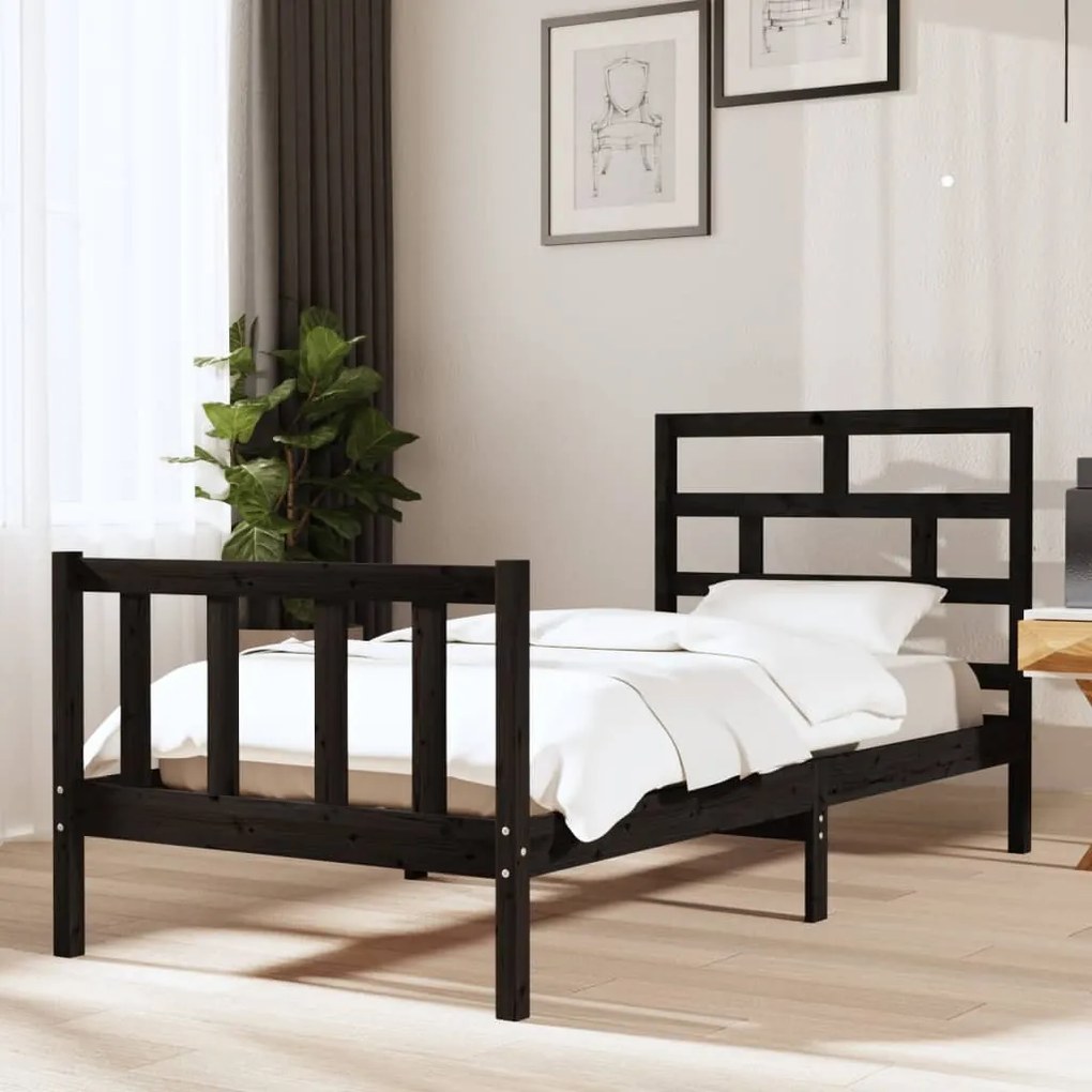 vidaXL Estrutura de cama solteiro 90x190 cm pinho maciço preto