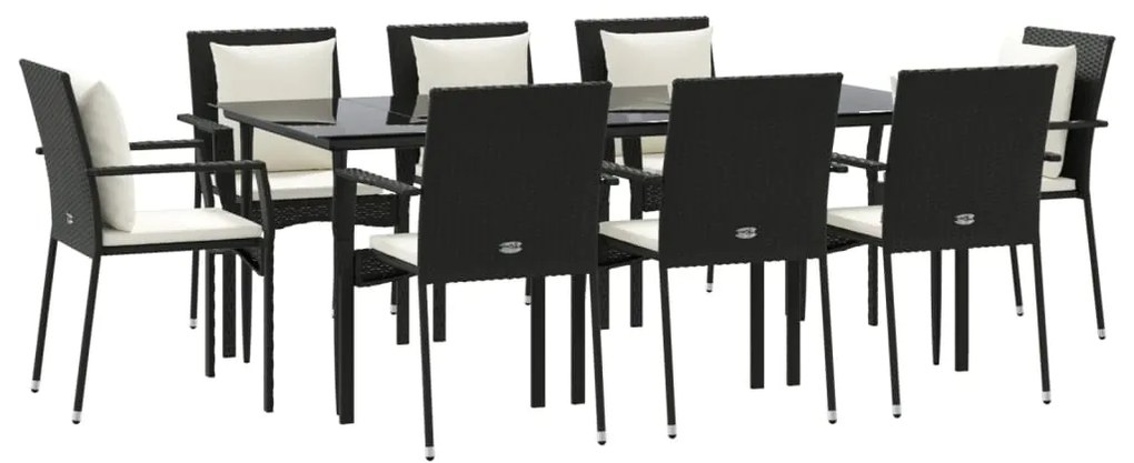 9 pcs conjunto de jantar p/ jardim c/ almofadões vime PE preto
