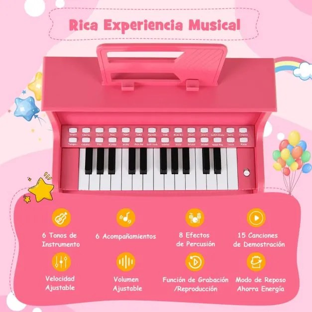 Piano de brincar com 25 teclas para crianças 38 x 24 x 47 cm, com banco e suporte, velocidade e volume ajustáveis, modo de aprendizagem, design em mad