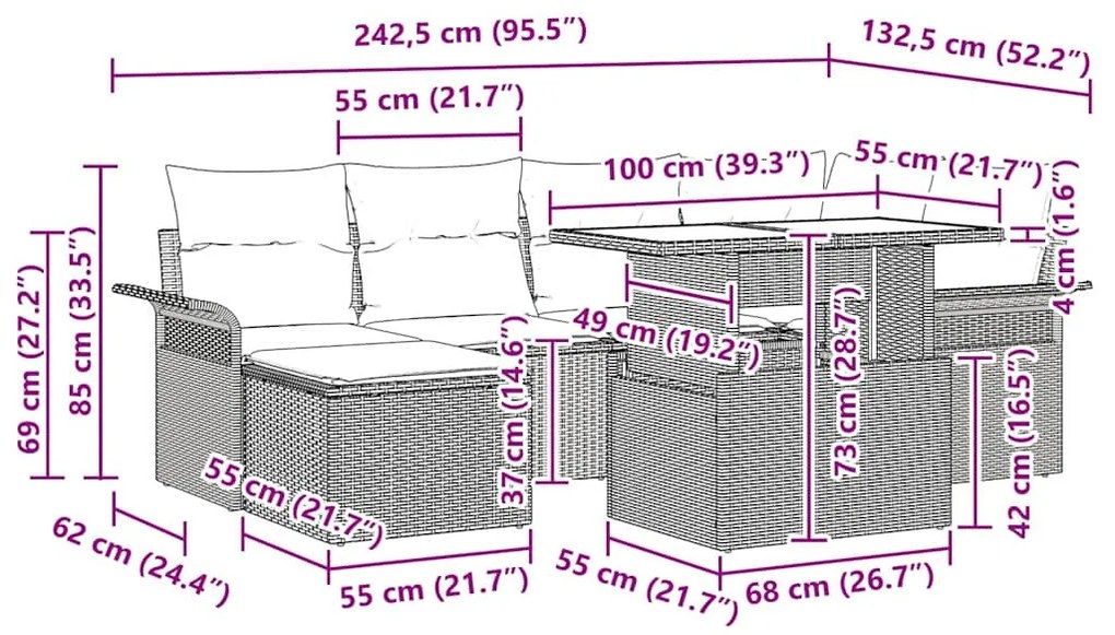 Conjunto de Sofá de Jardim vidaXL 7 Peças com Almofadas Preto Vime Pol