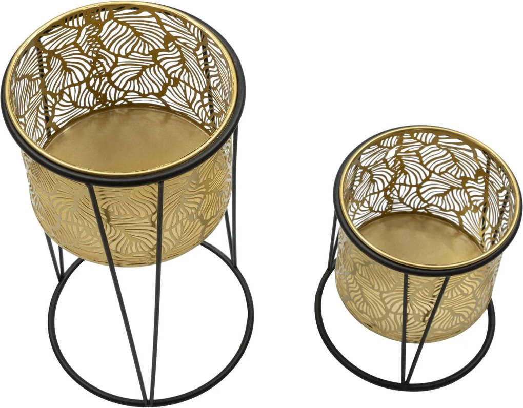 CONJUNTO DE 2 SUPORTES PARA VASOS LEAVY DOURADO E PRETO Ø 21X40-19X22 CM (PLANTAS NÃO INCLUIDAS)