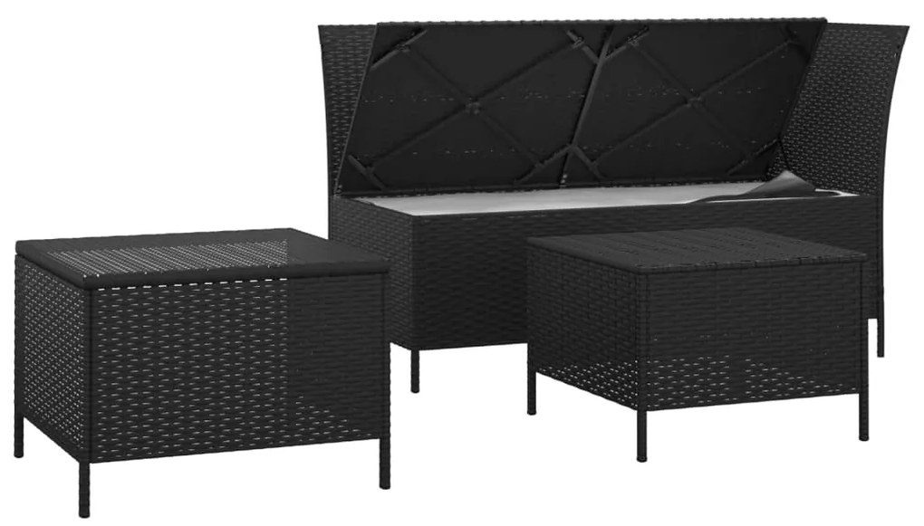 3 pcs conjunto lounge de jardim c/ almofadões vime PE preto