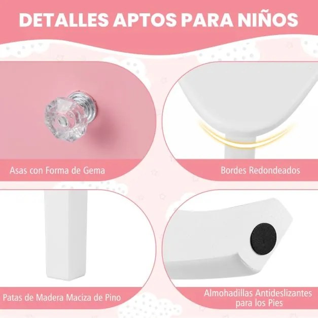 Conjunto de Toucador infantil Princesa 2 em 1 com espelho removível, luzes ajustáveis, banquinho e gaveta em imitação de madeira para maiores de 3 ano