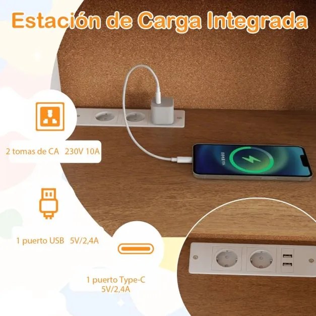 Secretária infantil 90 x 48 x 109 cm com estação de carregamento, tampo amplo, prateleiras ajustáveis e 2 gavetas para crianças para estudo,, branca