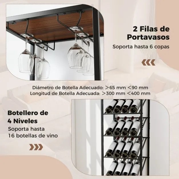 Garrafeira de vinho vertical 45 x 35 x 171 cm alta para 16 garrafas com suportes para copos 3 prateleiras abertas para sala de jantar Bar em casa Pret