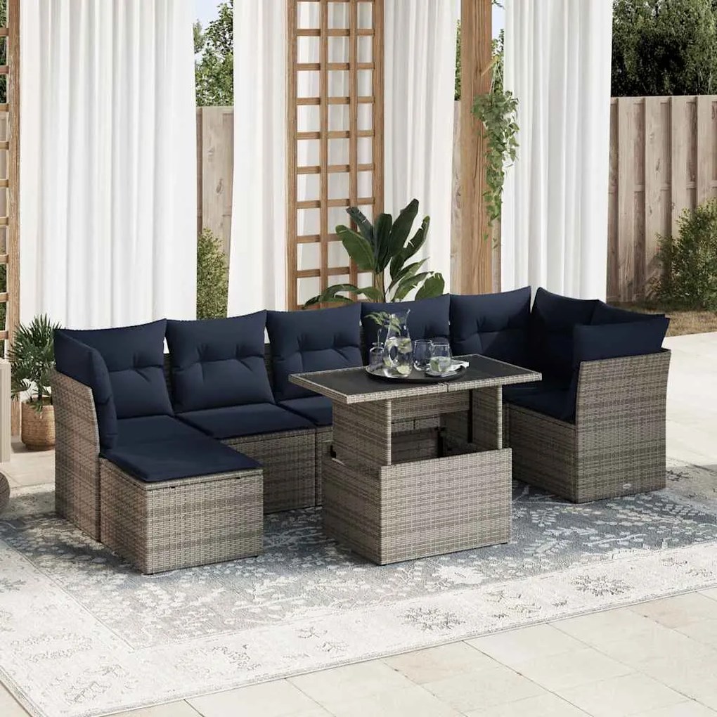 7 pcs conjunto sofás jardim almofadões vime PE/acácia cinzento