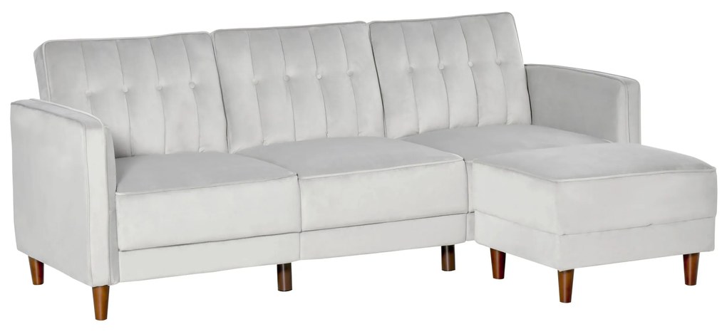 Sofá Cama com Chaise Longue de 3 Lugares Tato Aveludado com Encosto Ajustável e Apoio para os Pés Móvel 218x85x86cm Cinza Claro